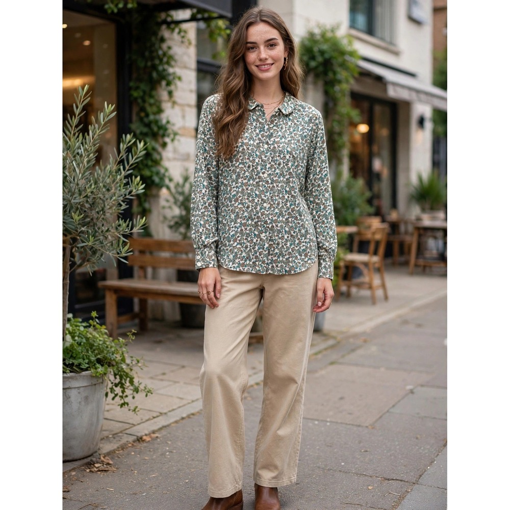 Vintage Lady Manhattan Viyella Wool Cotton Floral Paisley Blouse Green Brown 14